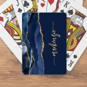 Personalised Signature Navy Blue Gold Agate Playing Cards