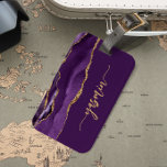 Personalised Signature Purple Gold Agate Luggage Tag<br><div class="desc">Personalise this elegant modern design with your name in vertical gold-coloured signature handwriting script on a purple background with a border of purple watercolor agate trimmed with gold faux glitter. (To keep the swashes at the beginning and end of the name, replace only the letters, leaving the symbols in place.)...</div>