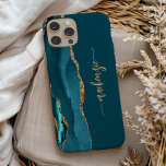 Personalised Signature Teal Blue Gold Agate iPhone 13 Pro Case<br><div class="desc">Personalise this elegant modern design with your name in vertical gold-coloured signature handwriting script on a teal blue background with a border of teal blue watercolor agate trimmed with gold faux glitter. (To keep the swashes at the beginning and end of the name, replace only the letters, leaving the symbols...</div>