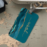 Personalised Signature Teal Blue Gold Agate Luggage Tag<br><div class="desc">Personalise this elegant modern design with your name in vertical gold-coloured signature handwriting script on a teal blue background with a border of teal blue watercolor agate trimmed with gold faux glitter. (To keep the swashes at the beginning and end of the name, replace only the letters, leaving the symbols...</div>