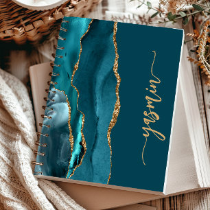 Personalised Signature Teal Blue Gold Agate Notebook