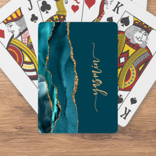 Personalised Signature Teal Blue Gold Agate Playing Cards