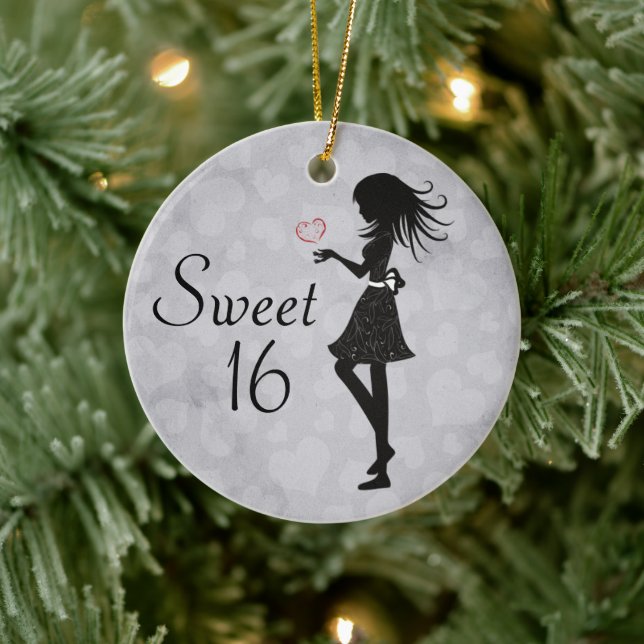 Personalised Silhouette Girl and Hearts Sweet 16 Ceramic Tree Decoration (Tree)