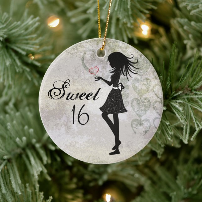 Personalised Silhouette Girl and Hearts Sweet 16 Ceramic Tree Decoration (Tree)