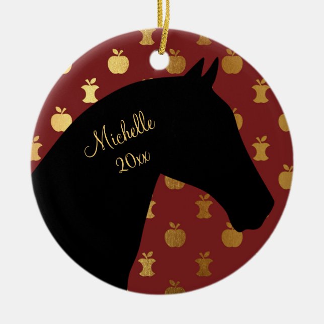 Personalised Silhouette Horse ~ Red, Golden Apple Ceramic Tree Decoration (Front)