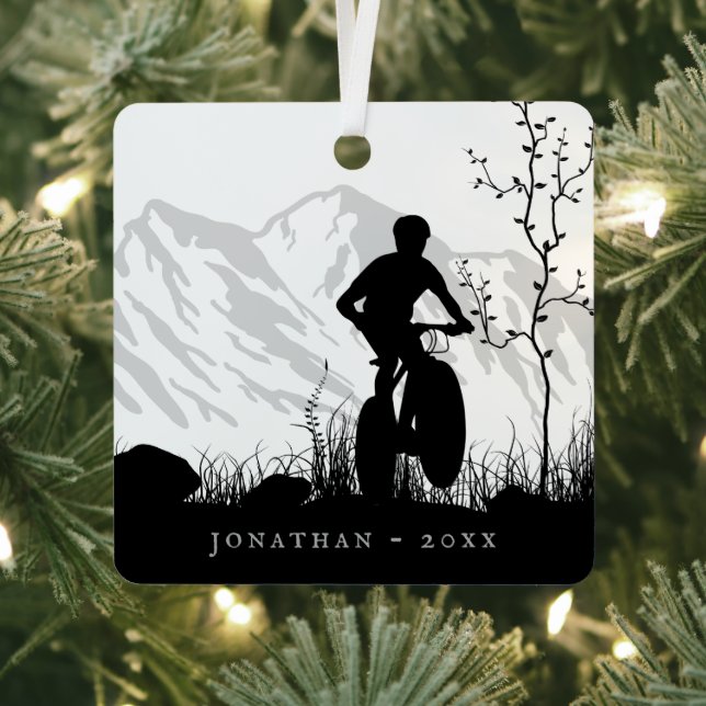 Personalised Silhouette Mountain Bike Christmas Metal Tree Decoration (Insitu)