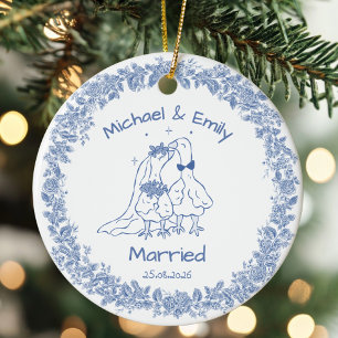 Personalised Silly Goose Married Cute Blue Wedding Ceramic Tree Decoration