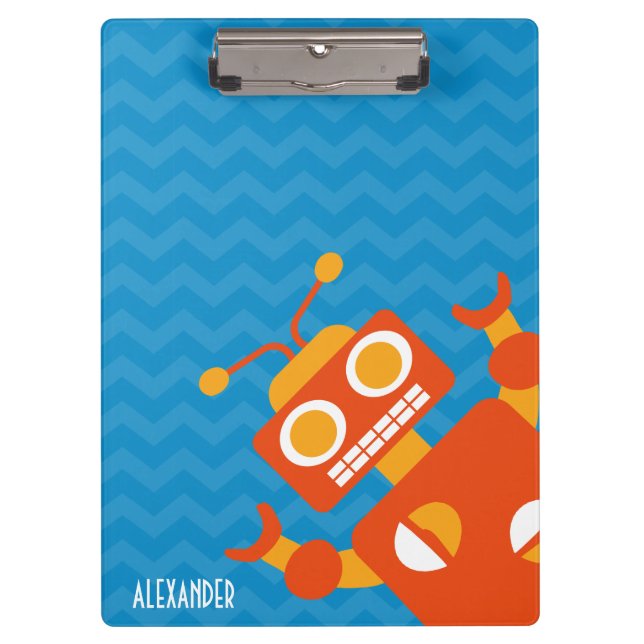 Personalised Silly Orange Robot Blue Chevron Boys Clipboard (Front)