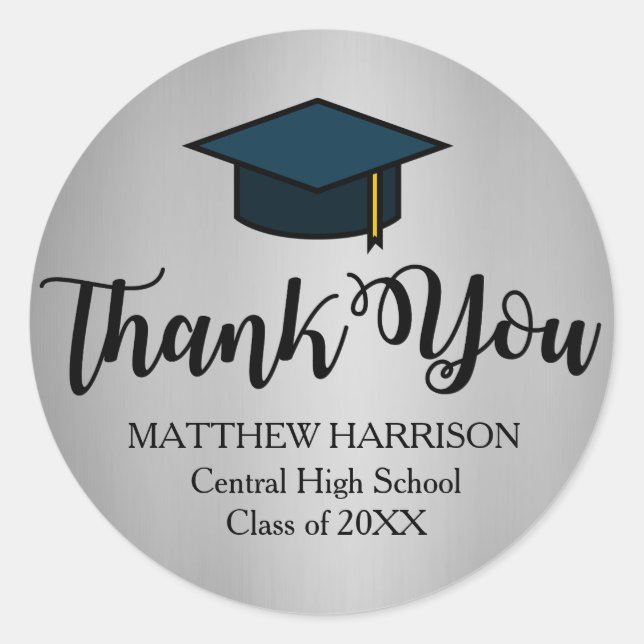Personalised Silver and Black Thank You Graduation Classic Round Sticker (Front)