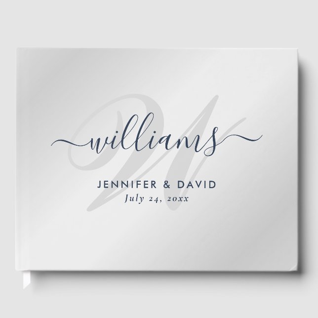 Personalised Silver and Navy Blue Monogram Wedding Guest Book (Front)