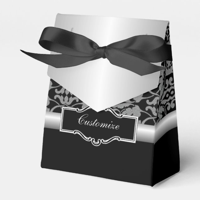 Personalised Silver & Black Damask Favour Box (Front Side)