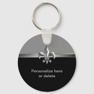 Personalised Silver Black Fleur de Lis Key Ring