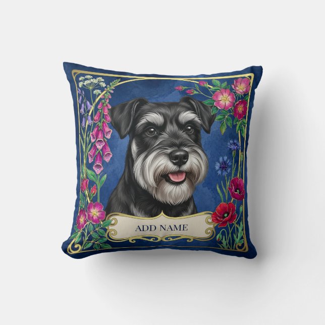 Personalised Silver & Black Schnauzer Blue Cushion (Front)