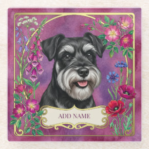 Personalised Silver & Black Schnauzer Pink Coaster