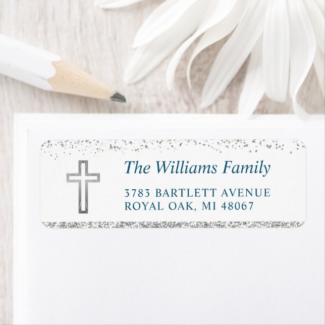 Personalised Silver Cross Religious Return Address (Insitu)