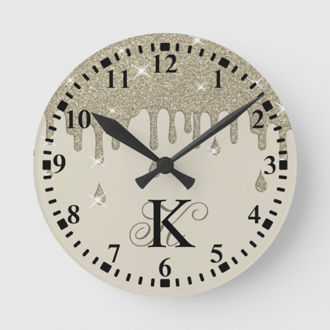 Personalised Silver Drip Glitter Effect & Sparkles Round Clock (Front)