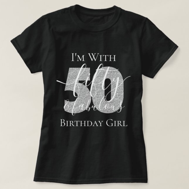 Personalised Silver Fifty Fab Birthday Glitter T-Shirt (Design Front)
