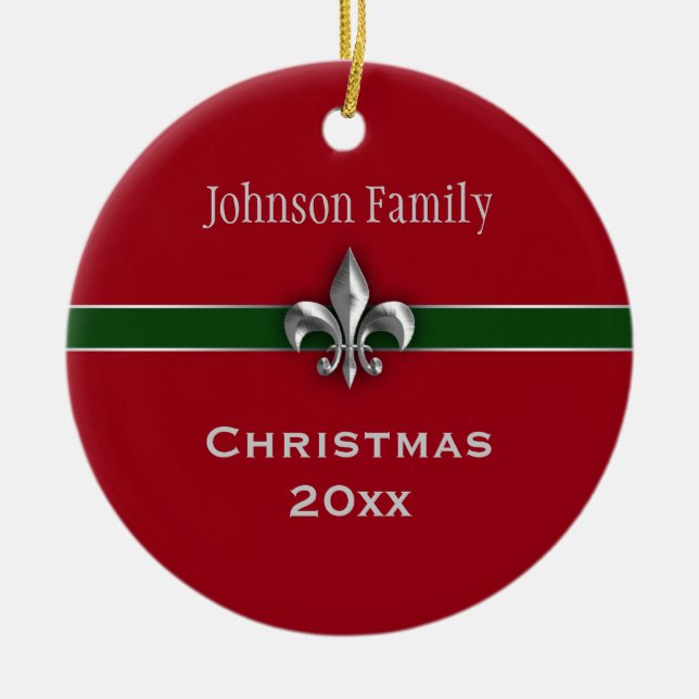 Personalised Silver Fleur de Lis Christmas Ceramic Tree Decoration (Front)