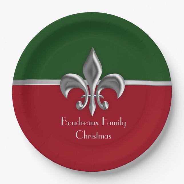 Personalised Silver Fleur de Lis Christmas Paper Plate (Front)