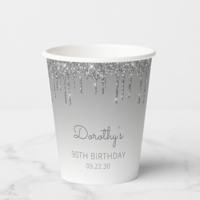 Personalised Silver Glitter 90th Birthday Party Paper Cups (Front)