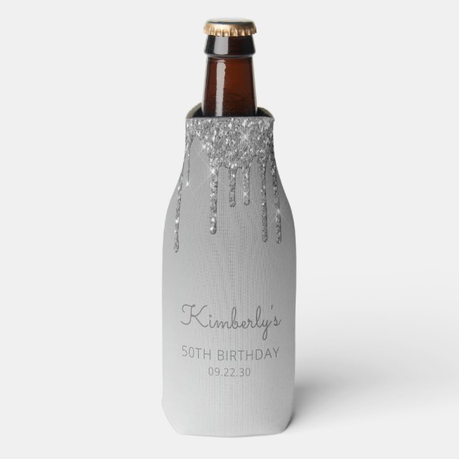 Personalised Silver Glitter Drip 50th Birthday Bottle Cooler (Bottle Front)