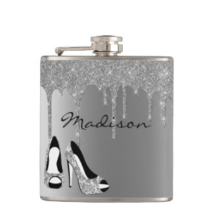 Personalised Silver Glitter Drips Heels Shoes Hip Flask