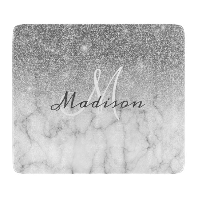 Personalised Silver Glitter Monogram Marble Cutting Board (Front)