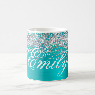 Personalised Silver Glitter Turquoise Blue Foil Coffee Mug