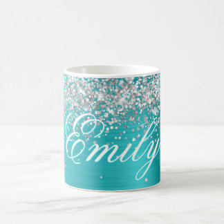 Personalised Silver Glitter Turquoise Blue Foil Coffee Mug