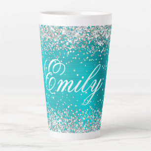 Personalised Silver Glitter Turquoise Blue Foil Latte Mug
