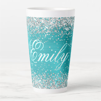 Personalised Silver Glitter Turquoise Blue Foil Latte Mug