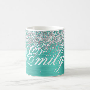 Personalised Silver Glitter Turquoise Foil Coffee Mug