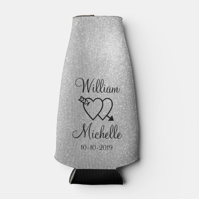 Personalised silver glitter wedding bottle cooler (Front)