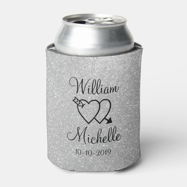 Personalised silver glitter wedding can coolers (Can Front)
