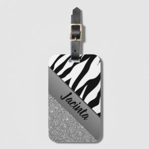 Personalised Silver Glitter Zebra Print Luggage Tag