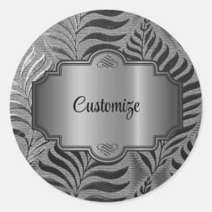 Personalised Silver Leaf Motif Classic Round Sticker