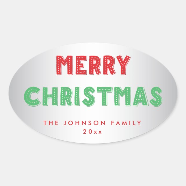Personalised Silver Merry Christmas Oval Stickers (Front)