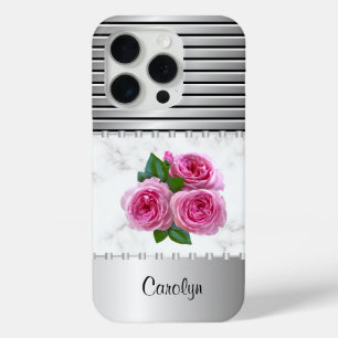 Personalised Silver Metallic, Marble, & Pink Roses iPhone 15 Pro Case