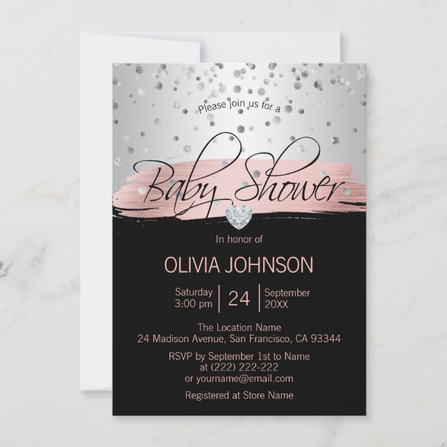 Personalised Silver Pink Black Girl Baby Shower Invitation (Front)