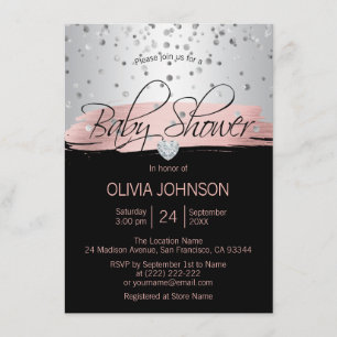 Personalised Silver Pink Black Girl Baby Shower Invitation