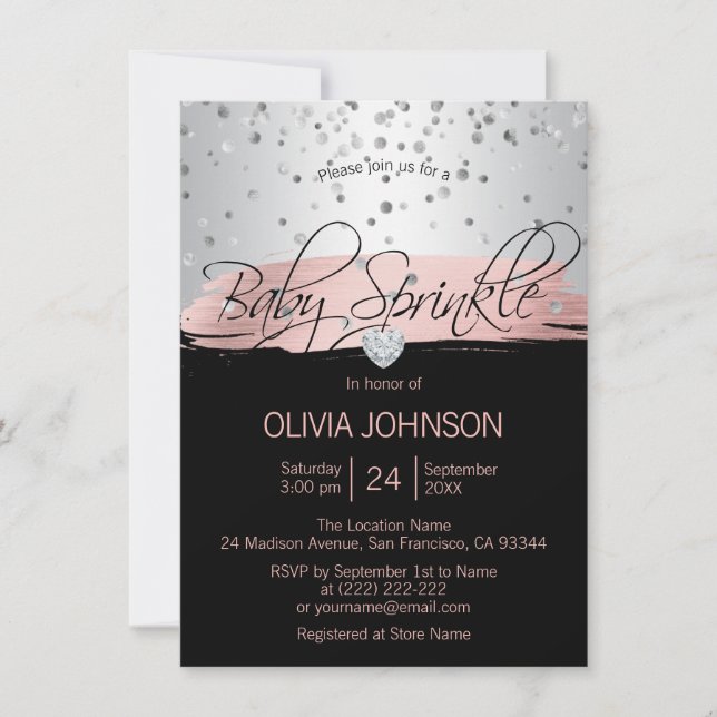 Personalised Silver Pink Black Girl Baby Sprinkle Invitation (Front)