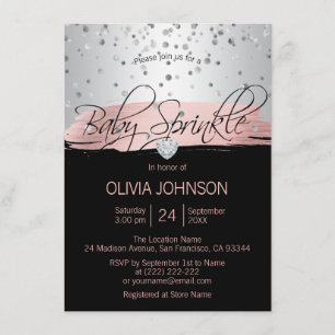 Personalised Silver Pink Black Girl Baby Sprinkle Invitation