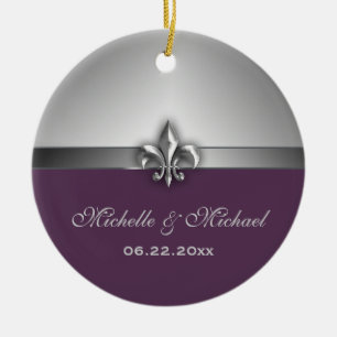 Personalised Silver Purple Fleur de Lis Ceramic Tree Decoration