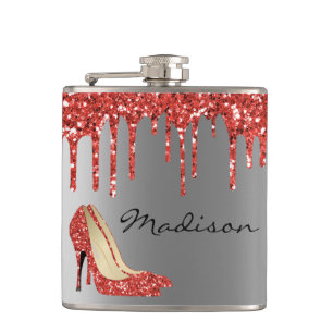 Personalised Silver Red  Glitter Drips Heels Shoes Hip Flask