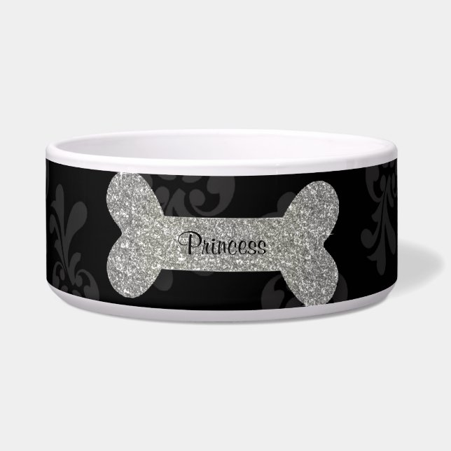 Personalised silver shiny dog bone pet food bowl (Front)