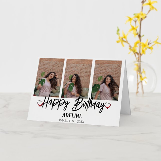 Personalised Simple Birthday Stylish Three Photo Foil Greeting Card (Yellow Flower)
