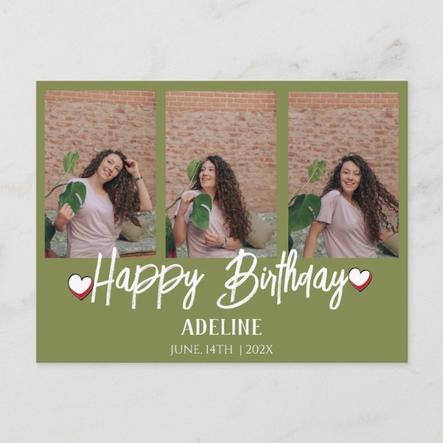 Personalised Simple Birthday Stylish Three Photo Postcard (Front)