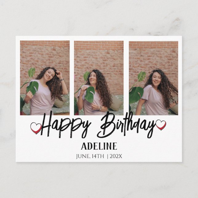 Personalised Simple Birthday Stylish Three Photo Postcard (Front)