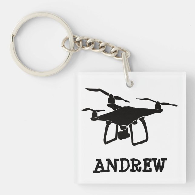 Personalised Simple Black Drone Illustration Key Ring (Front)