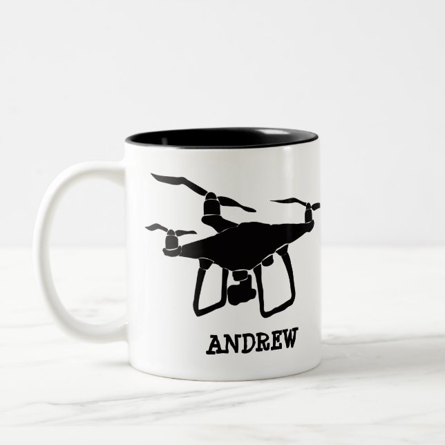 Personalised Simple Black Drone Illustration Two-Tone Coffee Mug (Left)